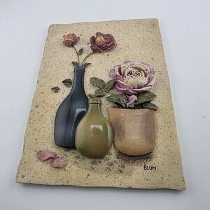 Cheri Blum‎ 3D Floral Resin Tile Wall Plaque Decor Roses Signed 6"H x 4.5"W